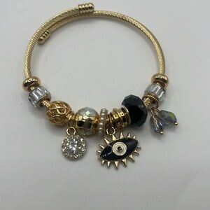 Women’s Evil Eye Gold Charm Bracelet with Black and Crystal Accents